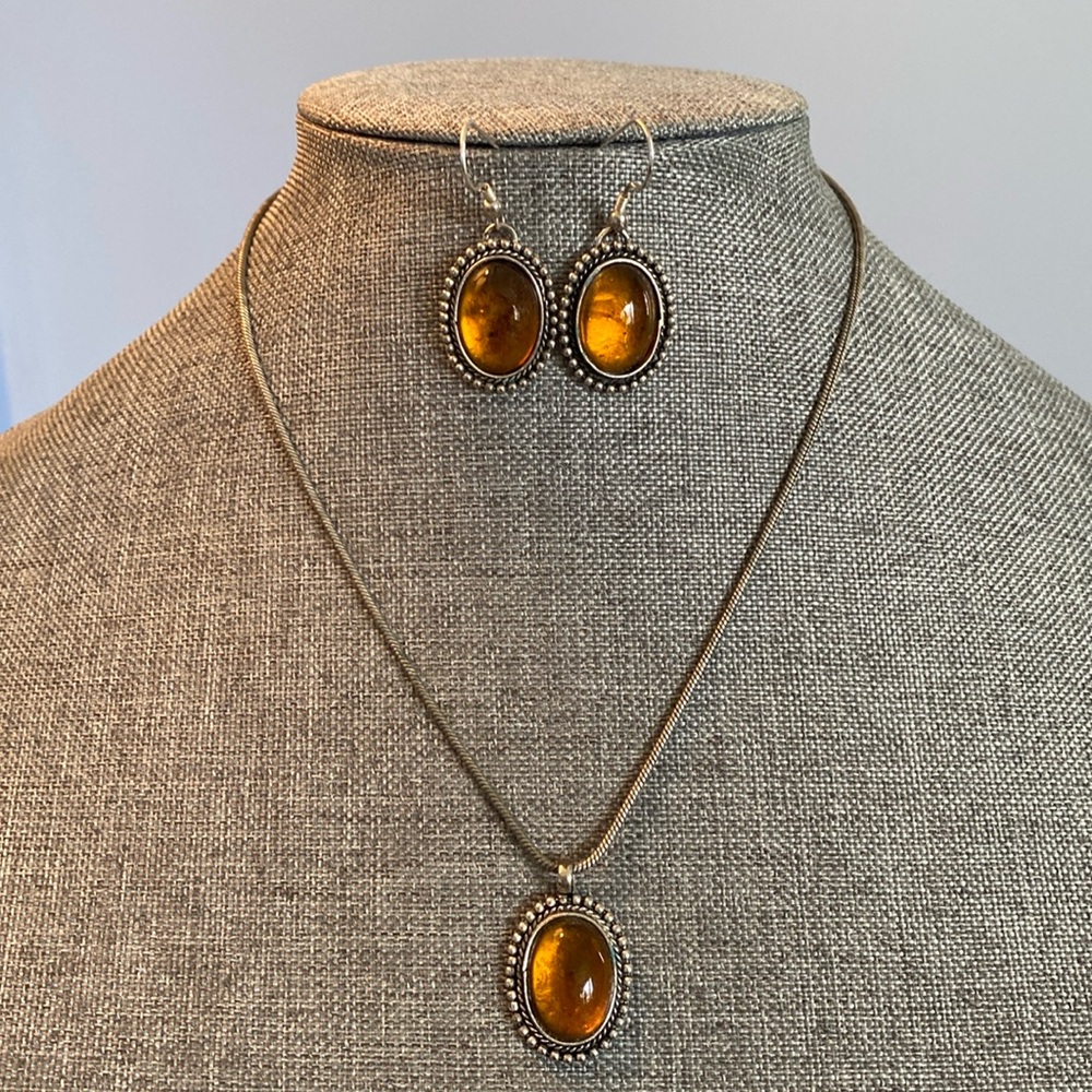 Vintage Amber Necklace & Earrings Set